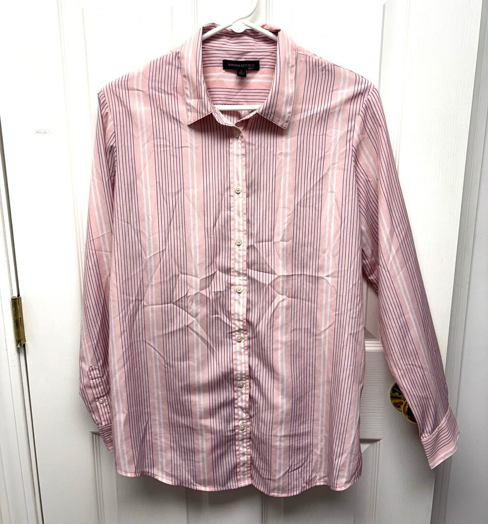 Banana Republic Blouse Striped Button Up, Women's Size L Pink Blue